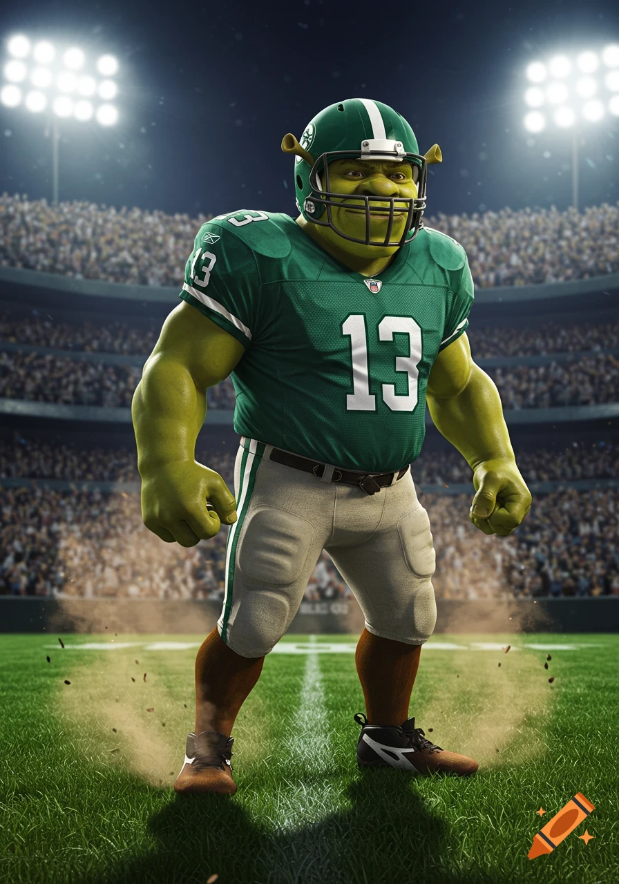 Shrek, a green ogre, stands on an American football field in a green NFL uniform with the number 13, in a brightly lit stadium.