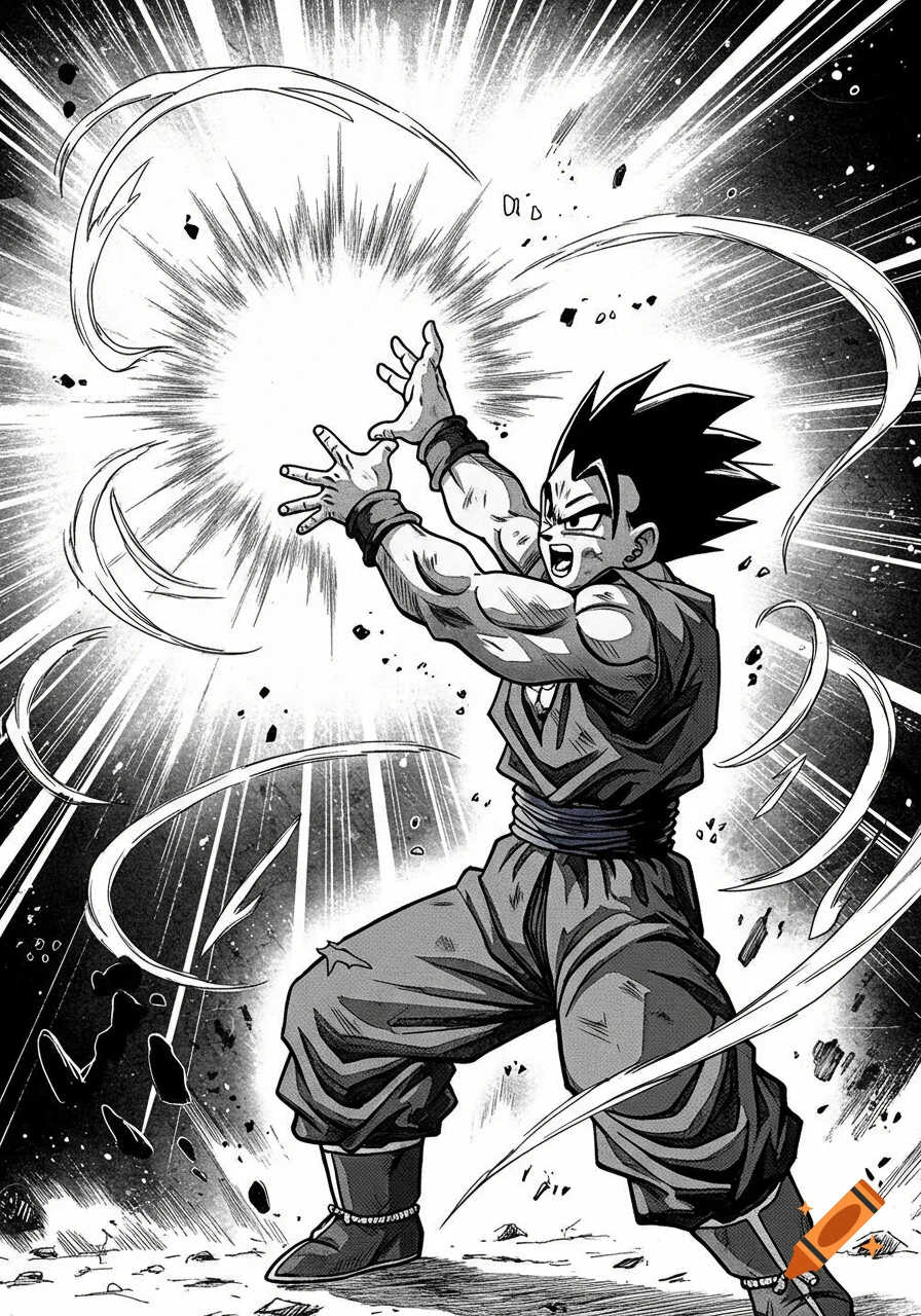 Manga art of Gohan from Dragon Ball charging a ki blast with radiating energy in black and white.