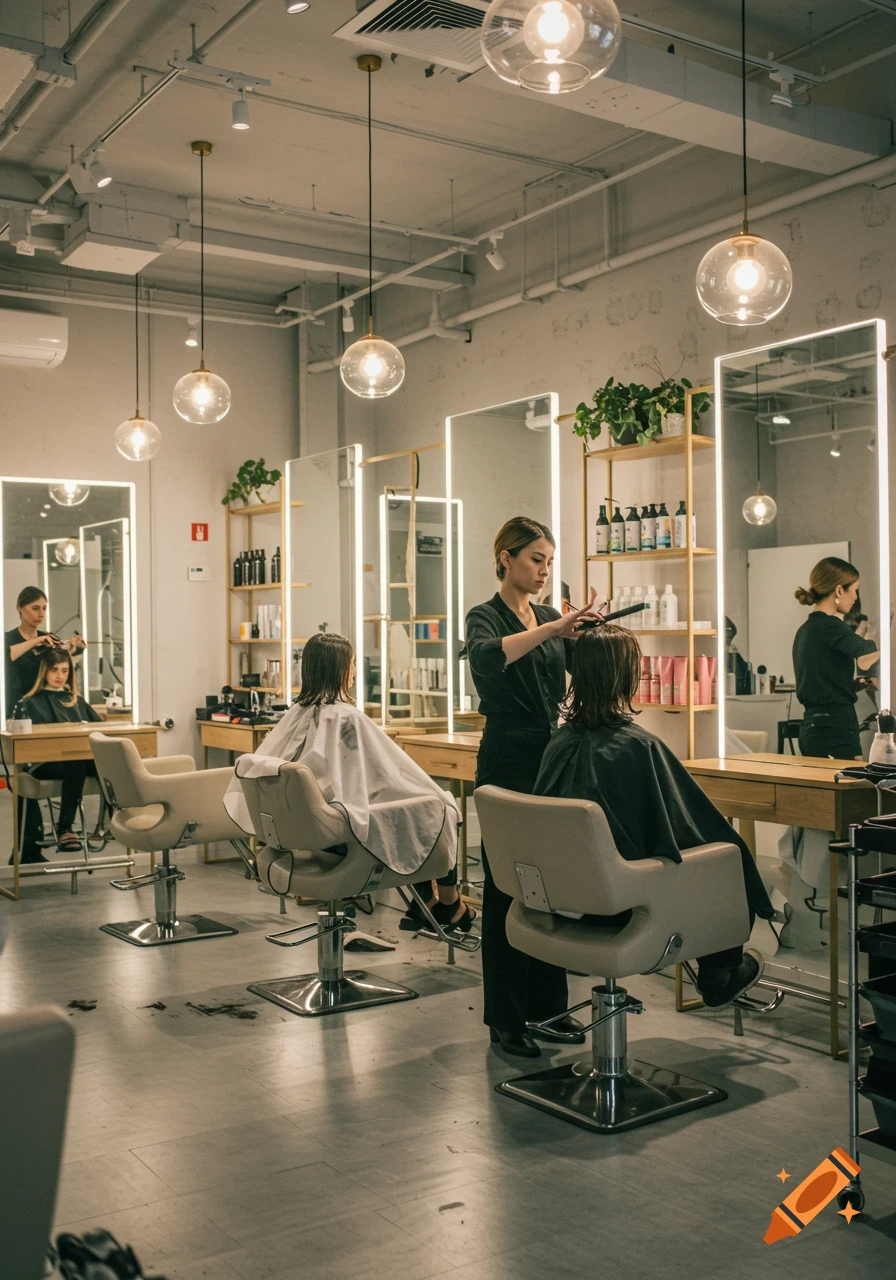 A modern hair salon with several women getting their hair cut by stylists in bright, stylish stations.