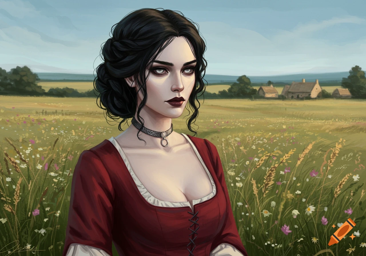 Digital painting of a medieval woman with dark hair and pale eyes in a red dress, standing in a field with wildflowers and distant farmhouses.