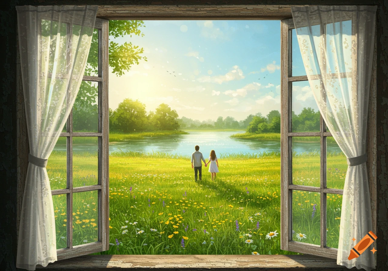 View from an old window looking out onto a sunny meadow with a river in the distance. A young couple walks hand-in-hand towards the river.