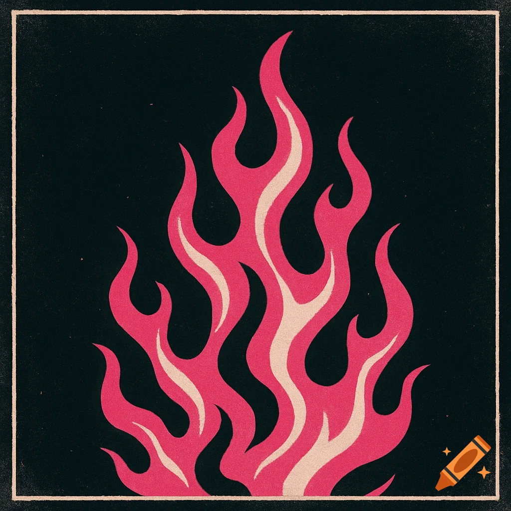 Stylized pink flames with white accents on a black background, framed by a beige border, with a retro lofi aesthetic.