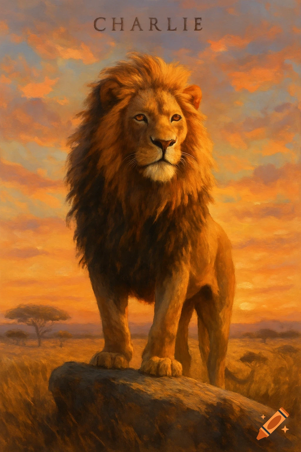 An oil painting of a majestic lion standing on a rock in a savanna at sunset, with 'CHARLIE' at the top.