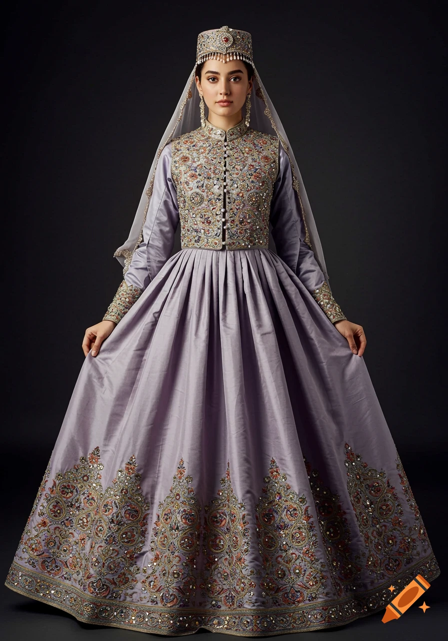 A woman in a light lilac traditional Isfahani bridal costume with intricate embroidery, a tall ornate headdress, and a flowing veil, on a dark background.