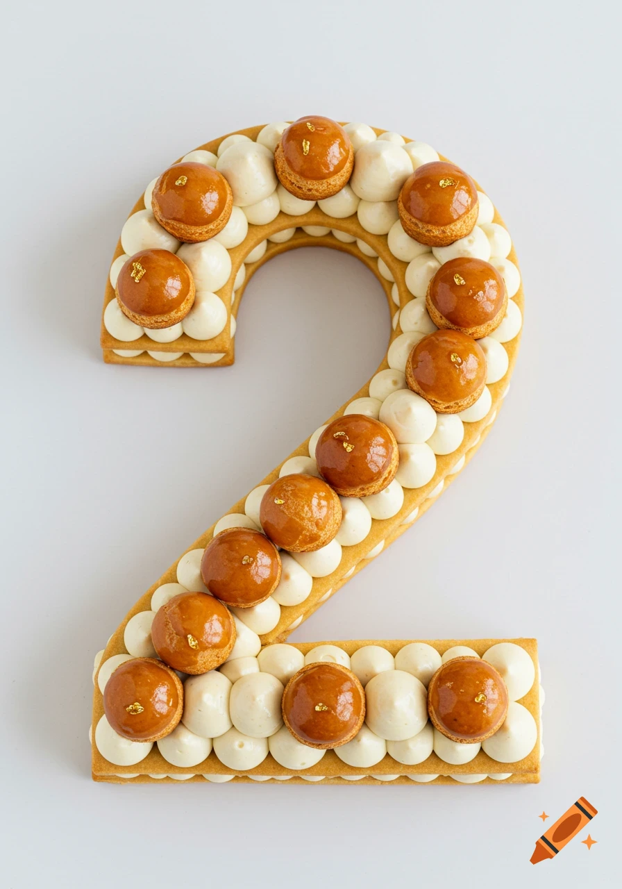 A Saint-Honor é cake shaped like the number 2, with a puff pastry base, choux pastry puffs, and vanilla chantilly cream, viewed from above.