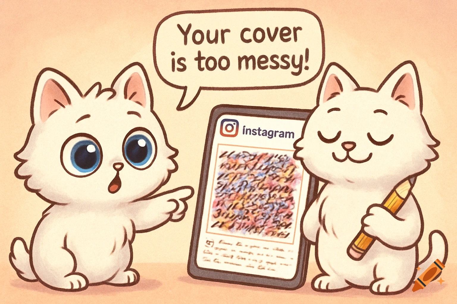 A cartoon cat with big eyes points at a phone showing a messy Instagram post, while another cat holding a pencil says, 'Your cover is too messy!'