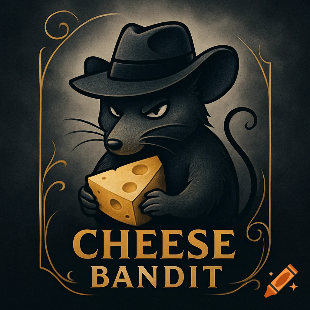 A stylized black cartoon rat in a fedora holds a block of cheese within a gold frame, with "CHEESE BANDIT" text below.