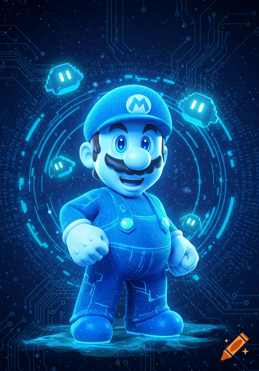 Blue Mario character in a neon blue digital art style, surrounded by glowing circuits and binary code.