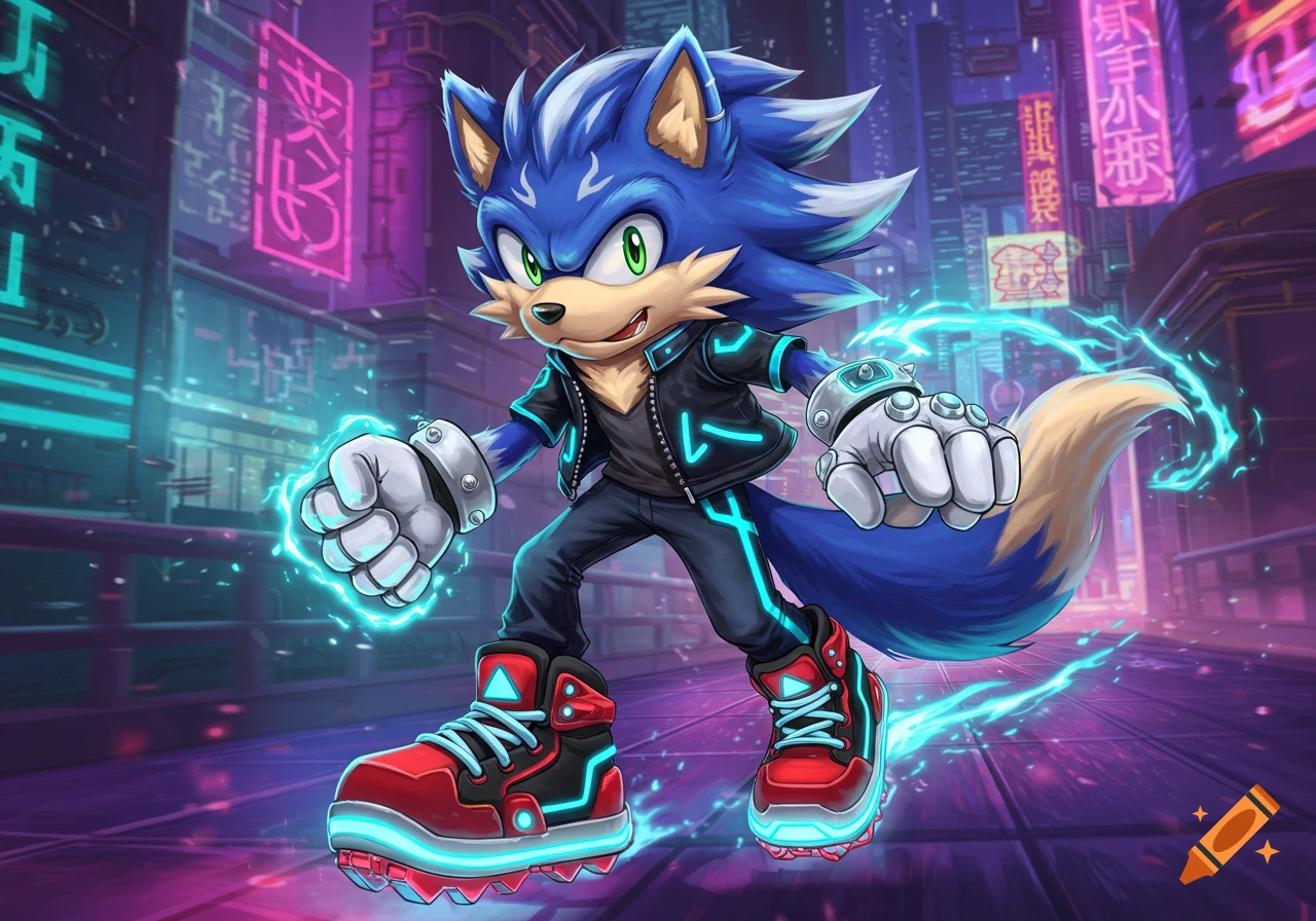 An electric blue wolf character in Sonic style, crackling with energy, in a neon cyberpunk city.