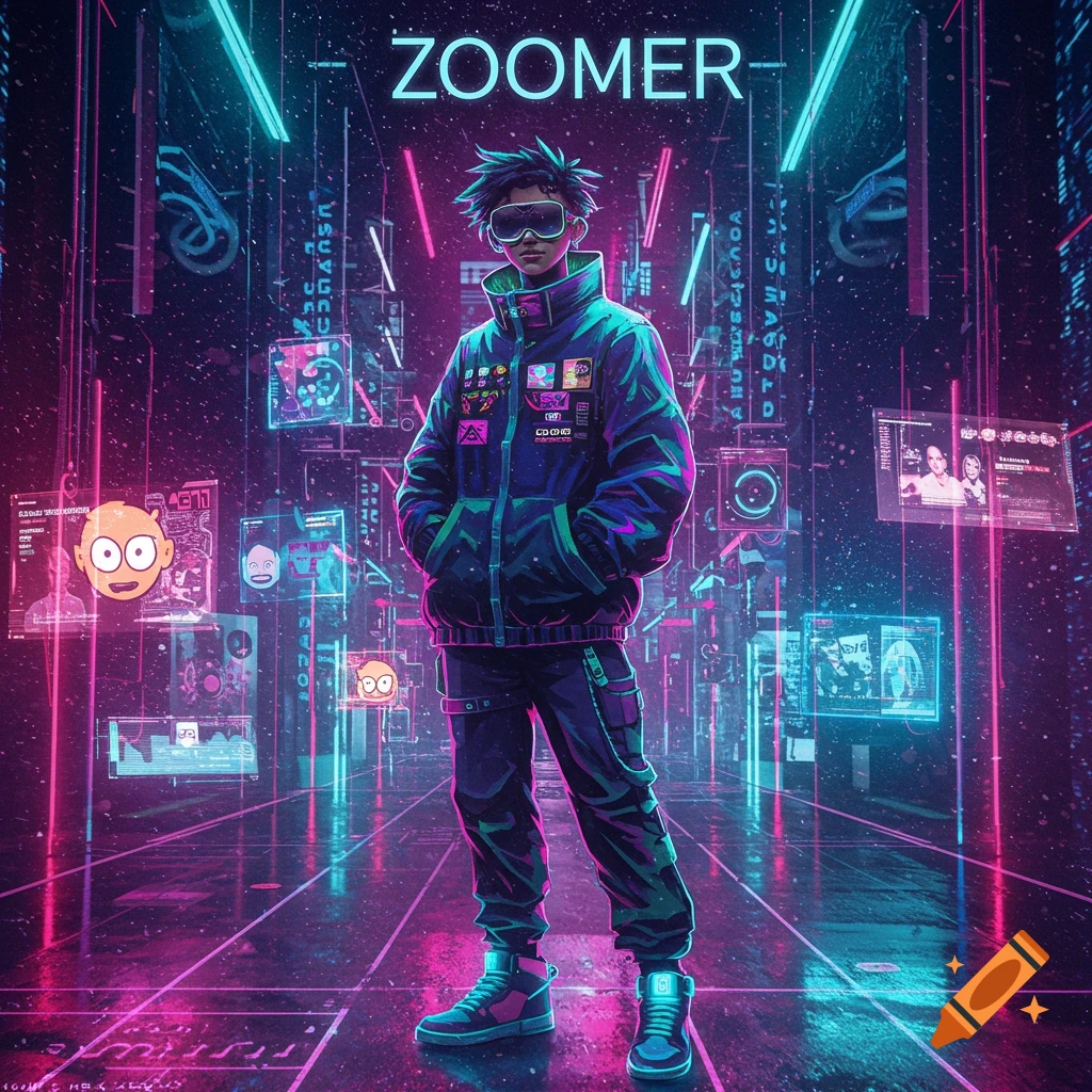A stylized anime-like figure in cyberpunk attire stands in a neon-lit futuristic city with 'ZOOMER' text above.
