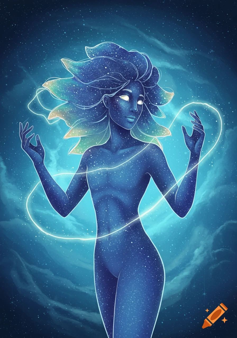 An illustration of a humanoid figure made of stars and galaxies, with glowing eyes and ethereal light trails, against a dark blue cosmic background.