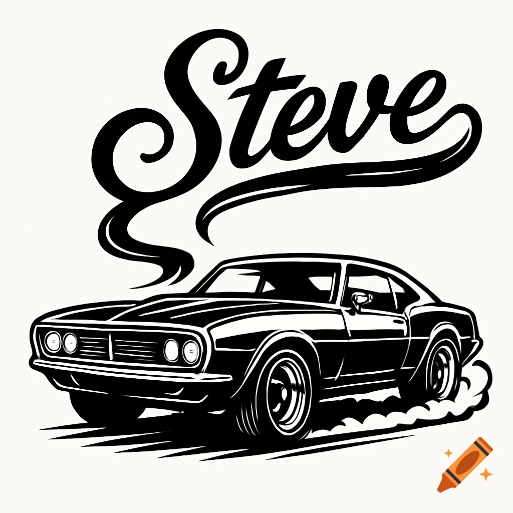 Black and white clip art illustration of a muscle car with the name 'Steve' spelled out in the exhaust smoke.