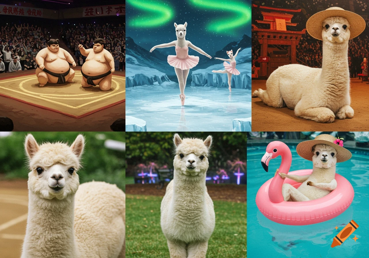 A six-panel grid featuring alpacas in various humorous scenarios, including dancing ballet on ice, lounging in a hat, and floating in a pool, alongside a panel of sumo wrestlers.