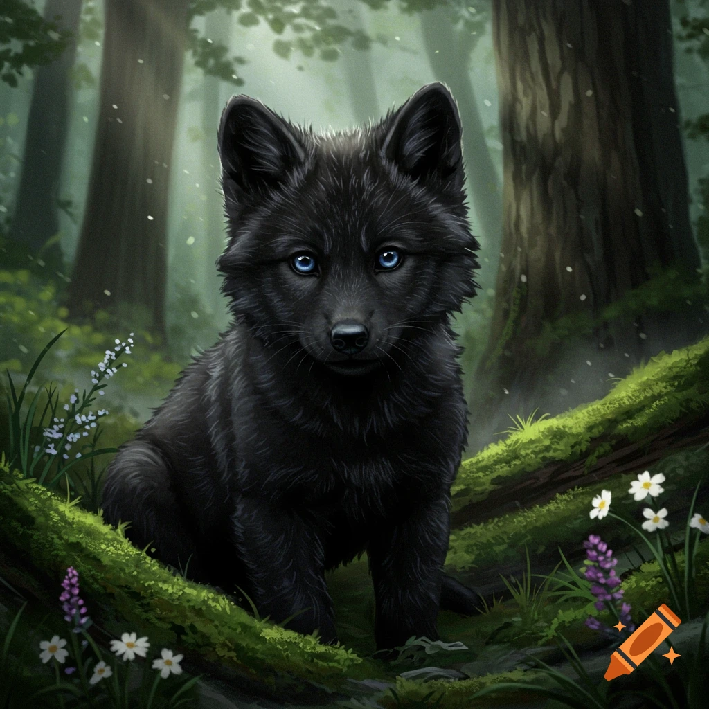 A fluffy black wolf pup with striking blue eyes sits on a mossy log in a  misty, enchanted forest. on Craiyon, image size:1024x1024