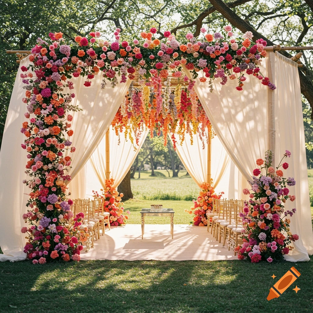 A beautiful outdoor wedding canopy or sukkah adorned with vibrant pink, orange, and purple flowers, surrounded by green grass and trees.