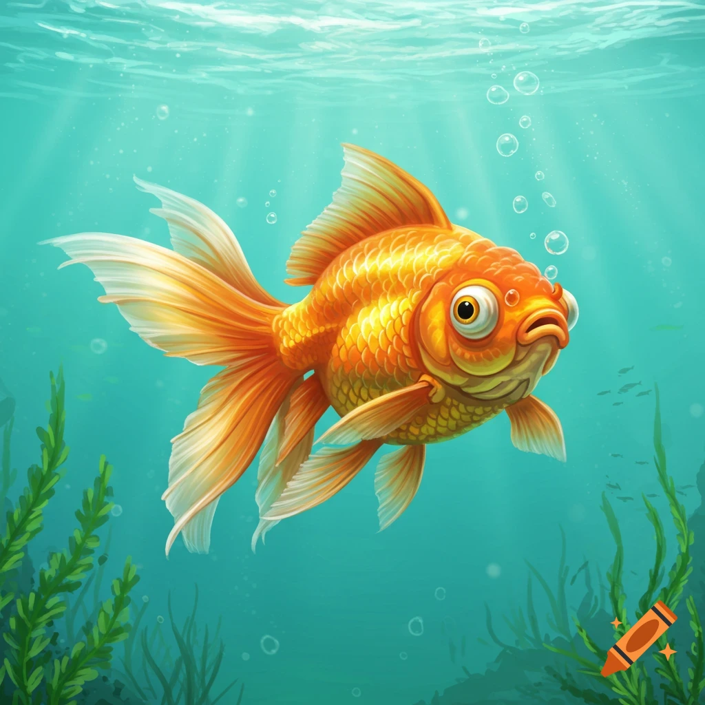 A cartoonish orange goldfish with big eyes and a dazed expression swims underwater, blowing bubbles, surrounded by green seaweed.