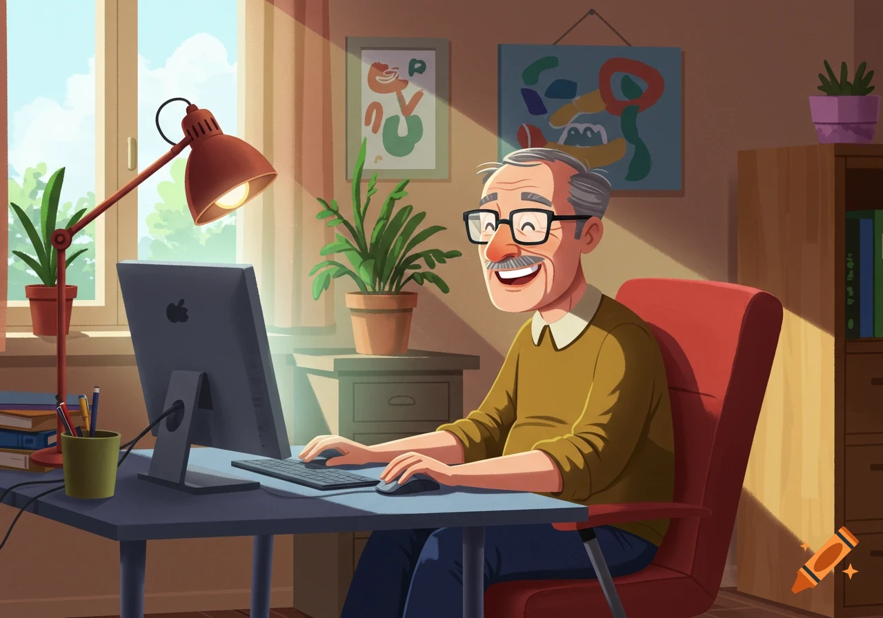 A happy cartoon man with glasses and a mustache sits at a desk, typing on a computer in a sunny room.