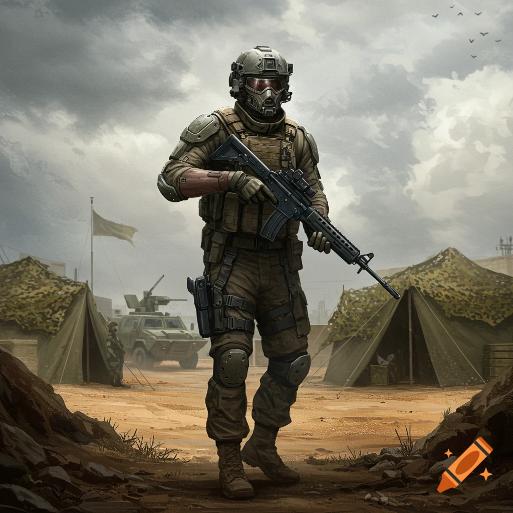 A heavily armored soldier with a futuristic helmet stands holding a rifle in a desert military camp with tents and a vehicle.