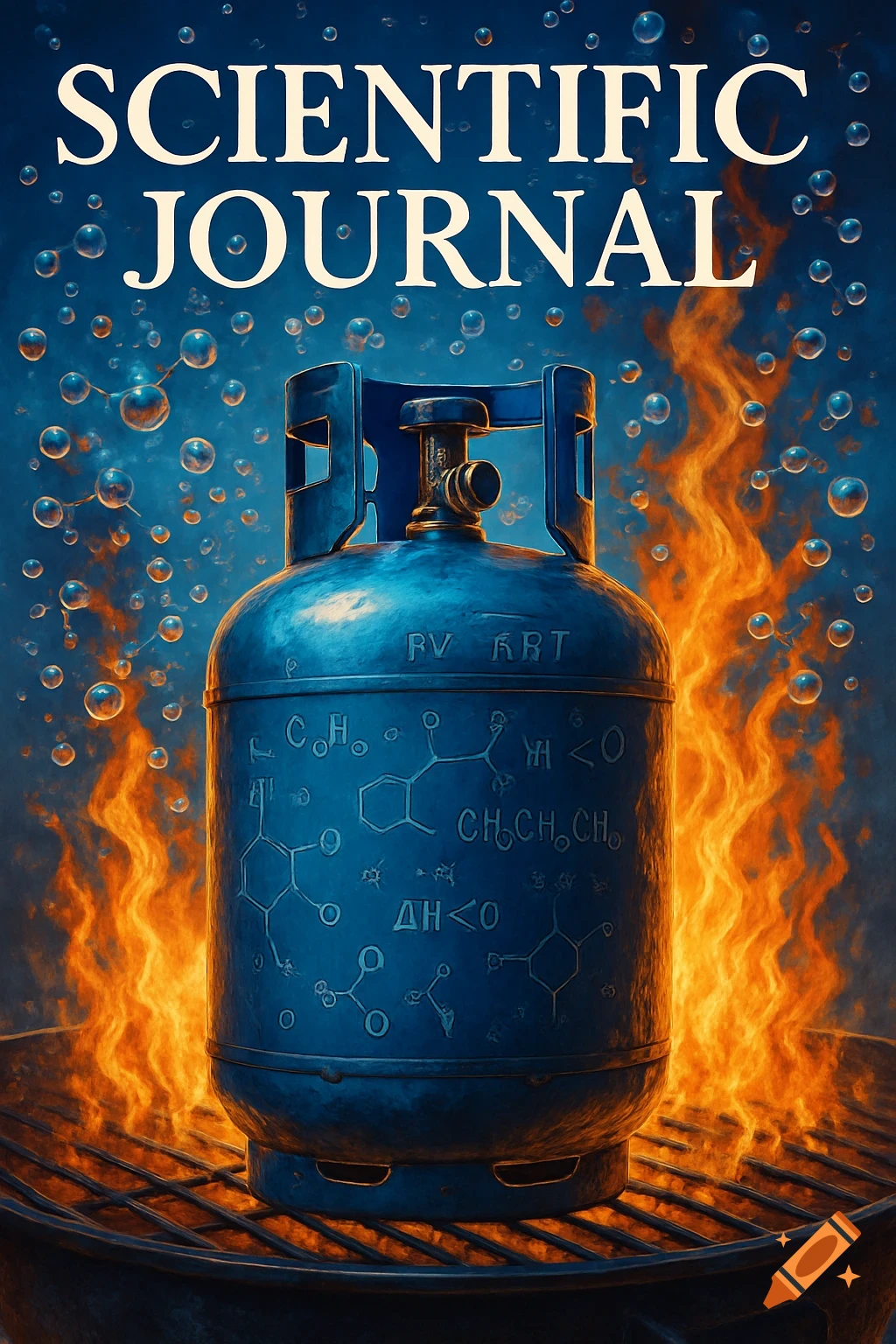 A blue propane tank on a barbecue grill with flames, surrounded by chemical molecules. "SCIENTIFIC JOURNAL" title.