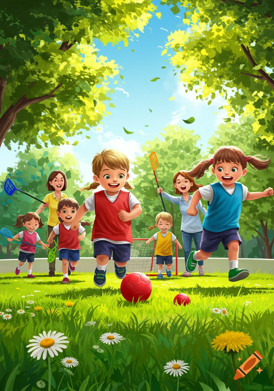 Vibrant illustration of happy children and adults playing with balls and sticks in a sunny, green park.