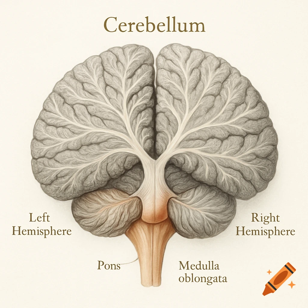Detailed anatomical illustration of the human cerebellum with labeled parts like hemispheres, pons, and medulla oblongata.