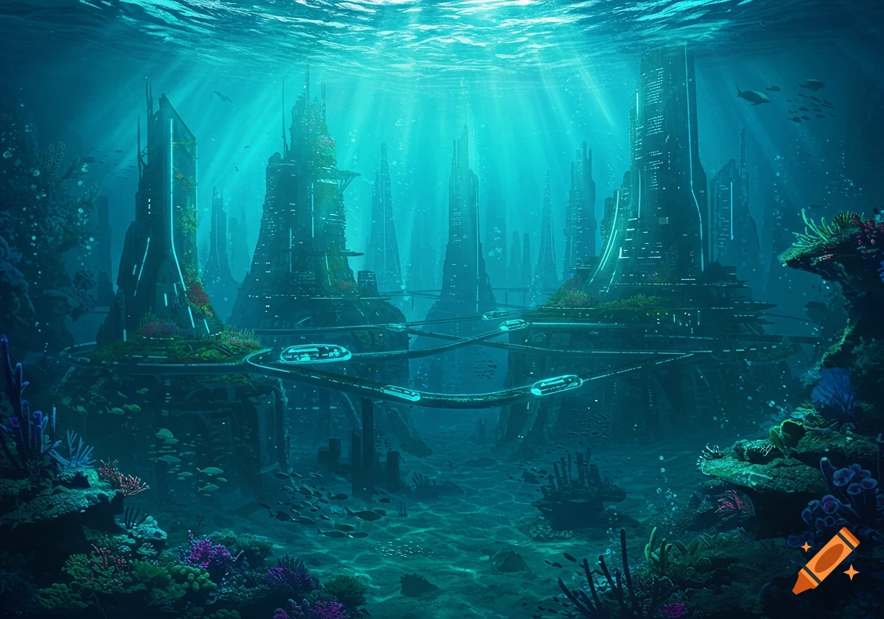 A vibrant, futuristic underwater city with towering buildings, glowing vehicles, and colorful coral reefs under sunlit waters.