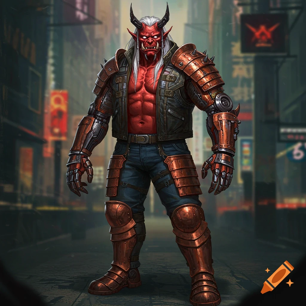 A red-skinned Oni Orc with silver hair, cybernetic arms, and armor stands in a gritty cyberpunk city street.