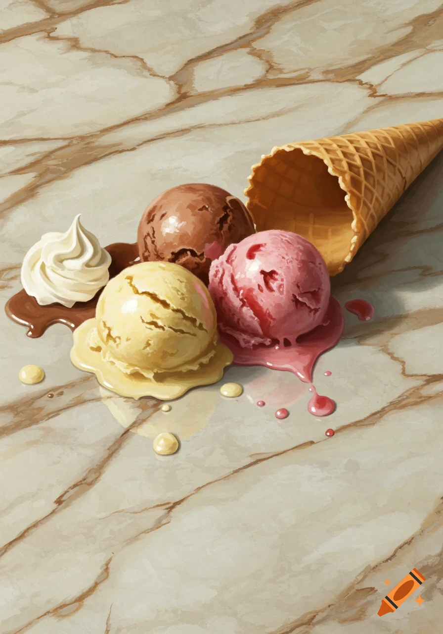 Painterly image of melted vanilla, chocolate, and strawberry ice cream scoops with whipped cream and a waffle cone on a marble surface.