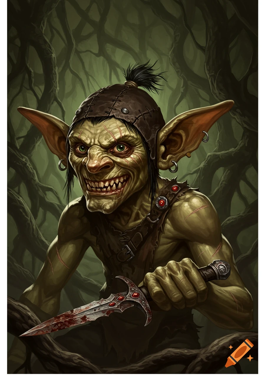 A detailed portrait of a green-skinned goblin with large ears and sharp teeth, wearing a leather cap, holding a bloody dagger in a dark forest.