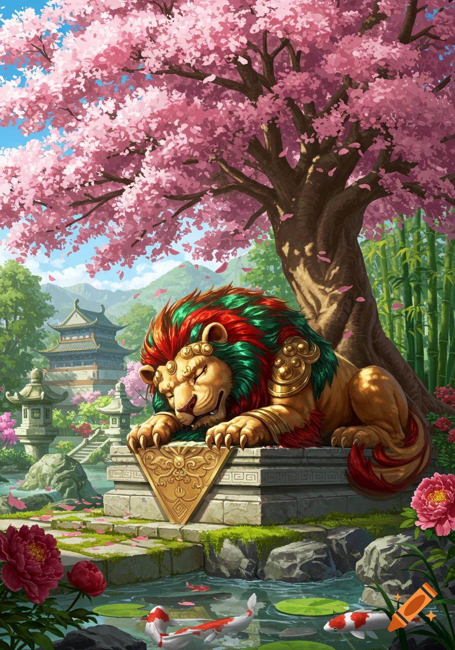 A vibrant, stylized Chinese lion with a red and green mane naps under a pink cherry blossom tree in an East Asian garden with koi fish and pagodas, illustration.