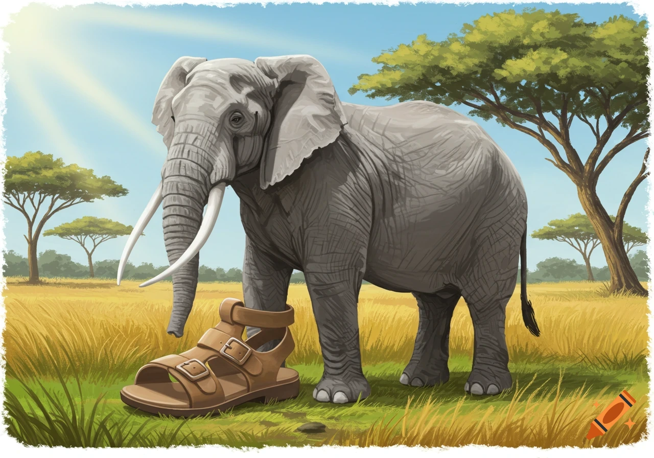 An illustration of a large grey elephant standing next to a giant brown leather sandal in a sunny savanna with acacia trees.