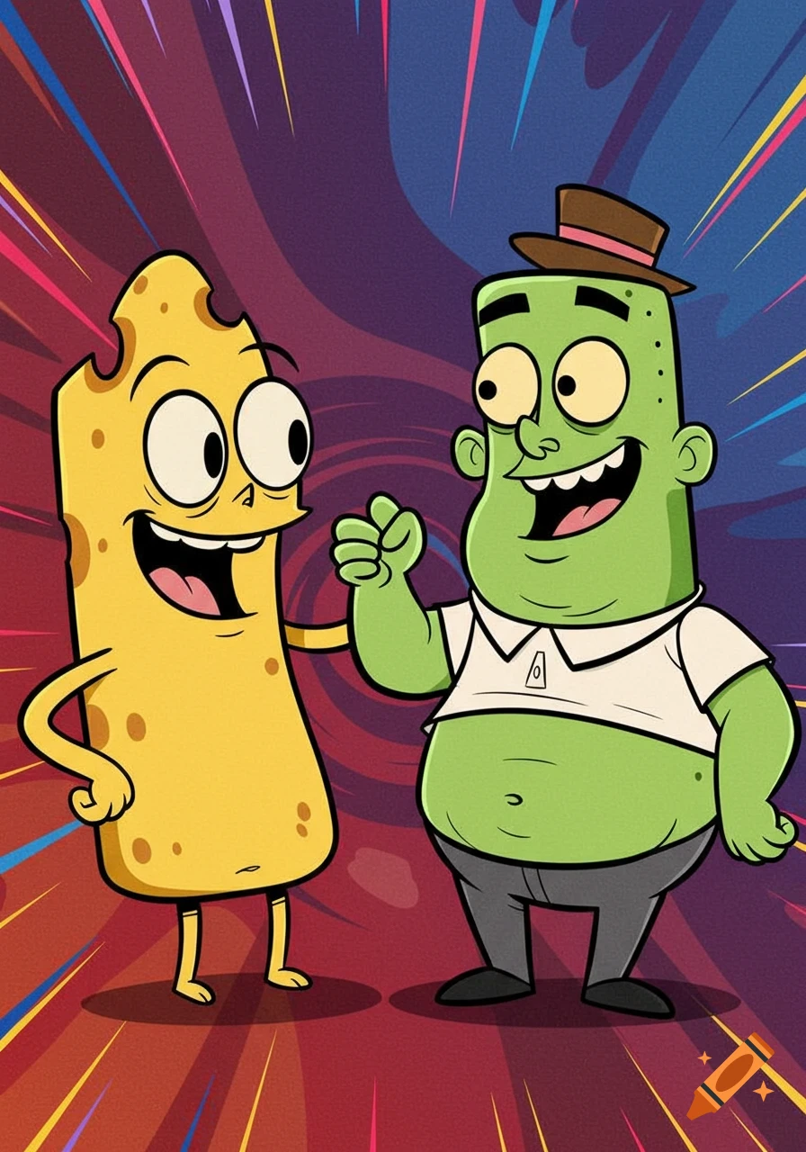 Two cartoon characters, a yellow block of cheese with legs and a green man in a hat, smiling and fist-bumping against a colorful swirling background.