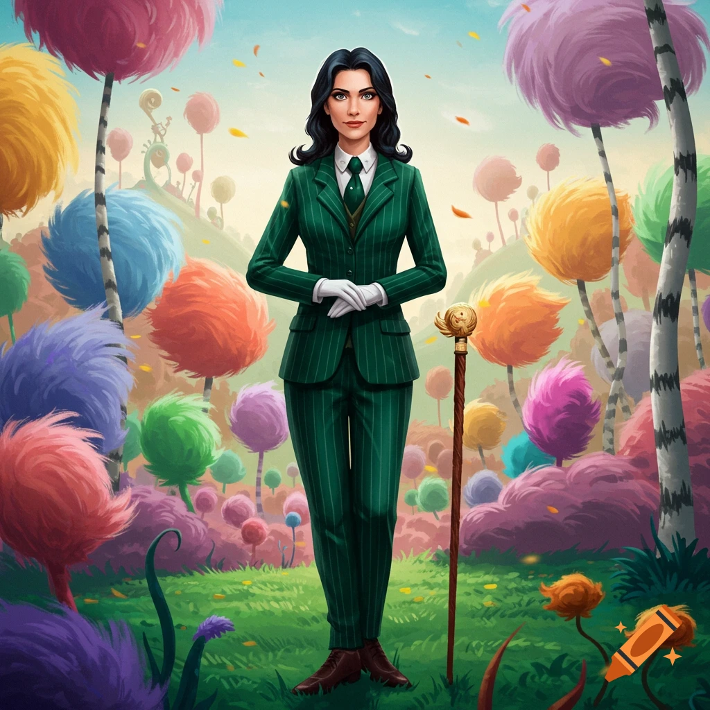 An illustrated woman in a green pinstripe suit and tie, holding a cane, stands in a whimsical Dr. Seuss-style landscape with colorful, fluffy trees.