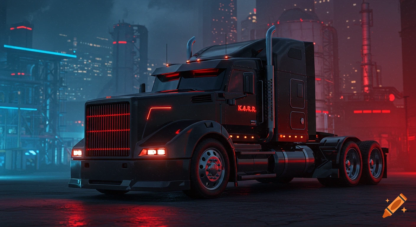 A sleek, black futuristic semi-truck with red neon lights sits in a dark, cyberpunk city street at night.