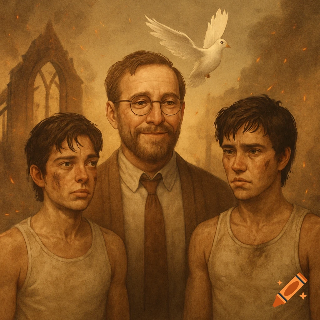 A painted portrait of a smiling bearded man in glasses between two solemn boys with dirty faces. A dove flies over a ruined building.