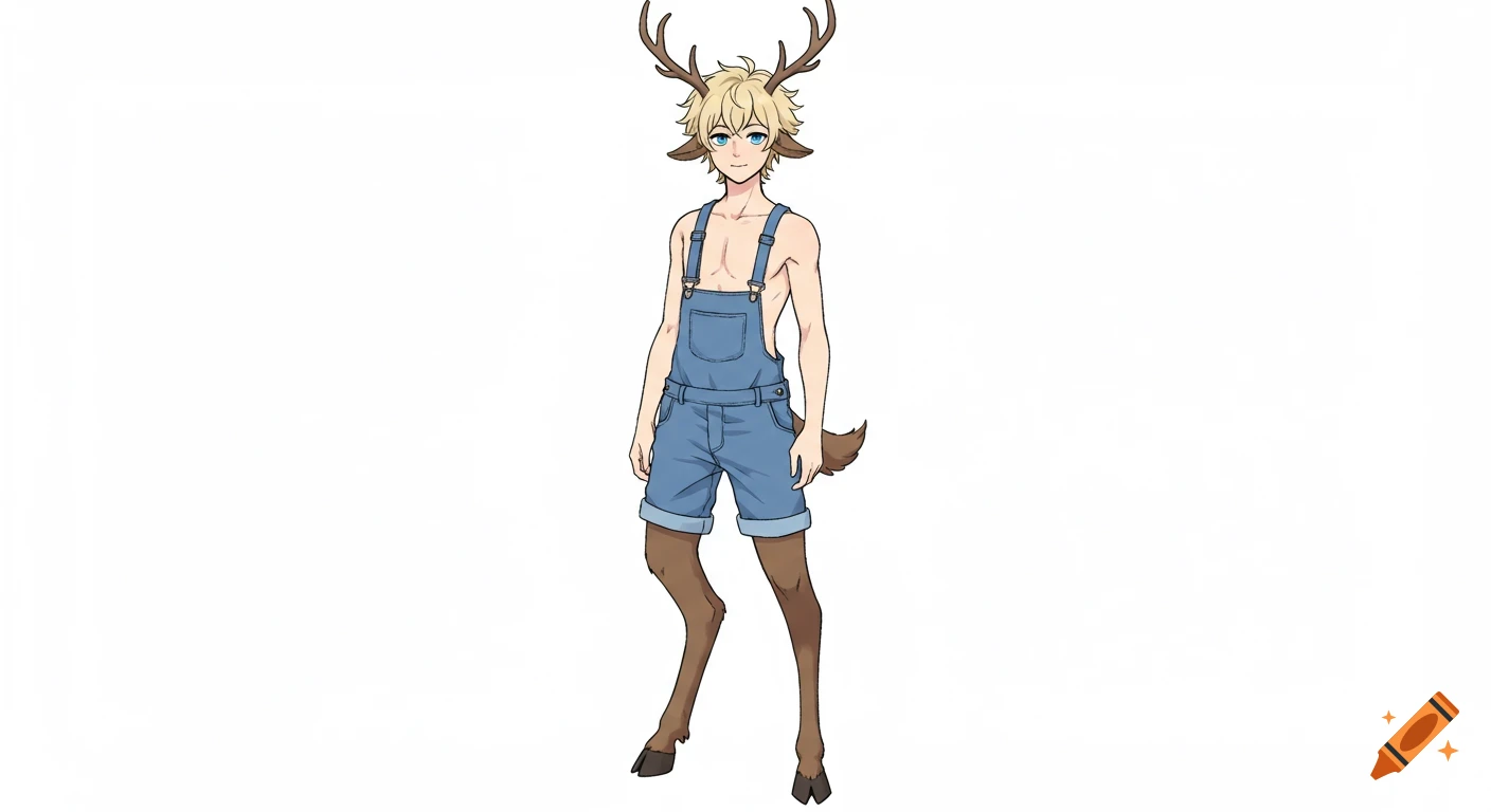 Anime-style blond satyr with blue eyes, antlers, hooves, and a tail, wearing blue overall shorts, standing on a white background.