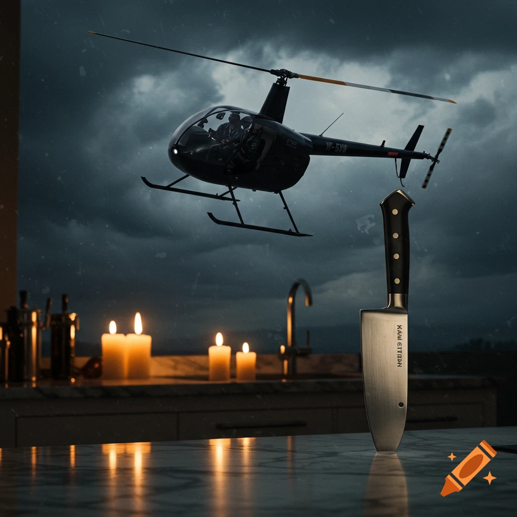 A dramatic shot of a black helicopter in a stormy sky above a kitchen counter with glowing candles and a large chef's knife standing upright.