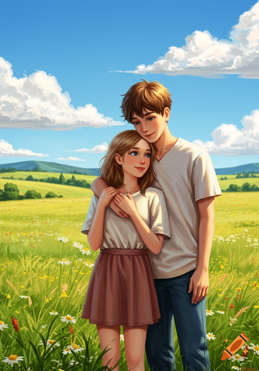 Illustrated young couple embracing in a sunny, flowery field under a blue sky.