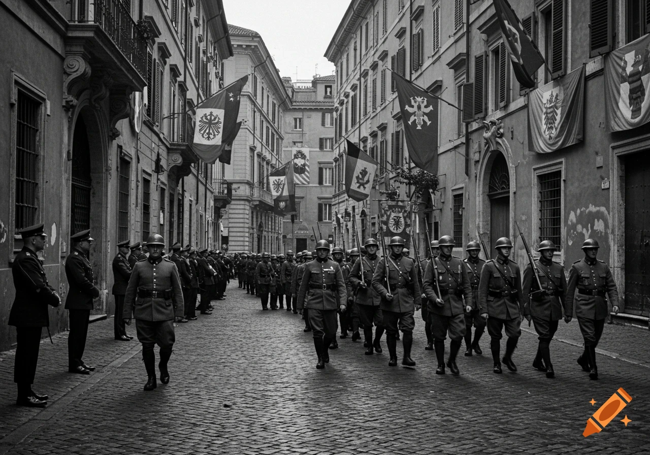 Black and white photo of WWI Austro-Hungarian soldiers marching on a cobbled street lined with buildings and flags.