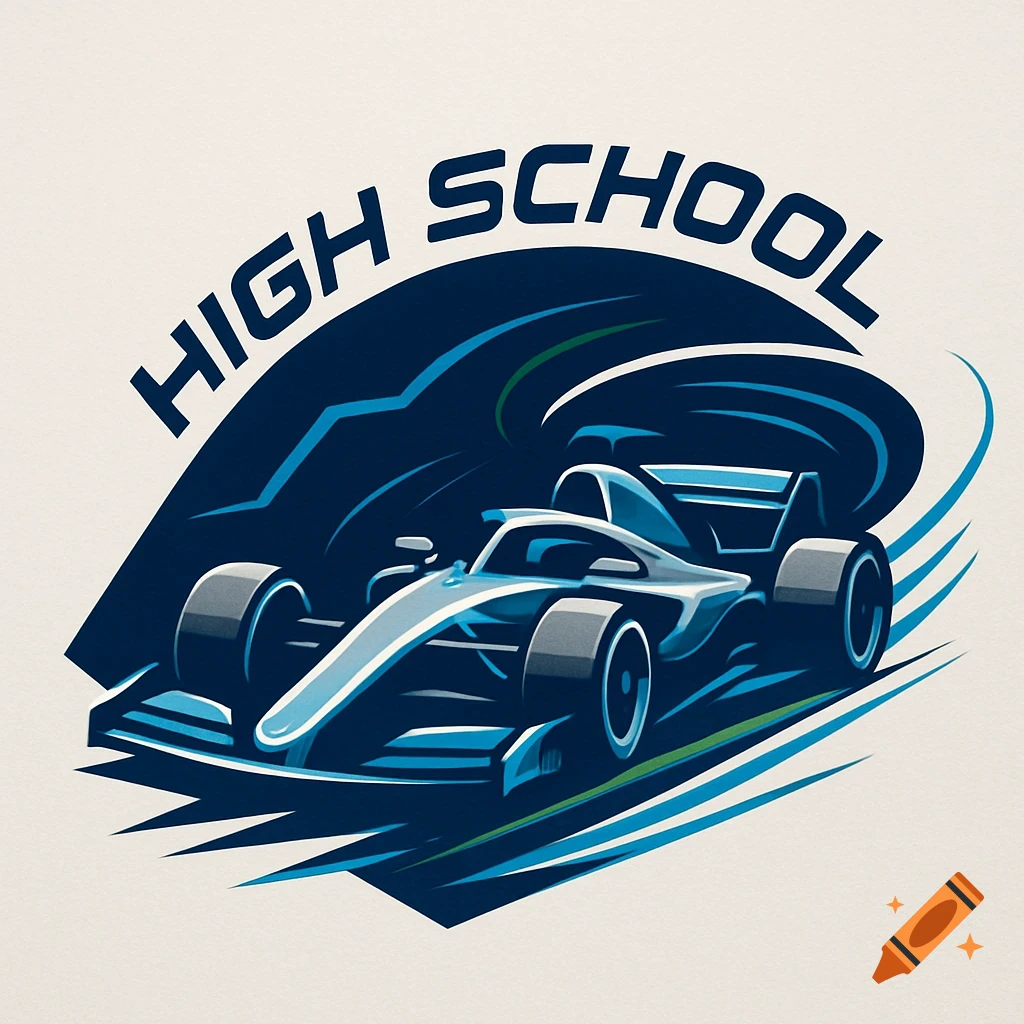 Stylized blue and white racing car logo with 'HIGH SCHOOL' text curving above, set against a dark blue abstract shape.