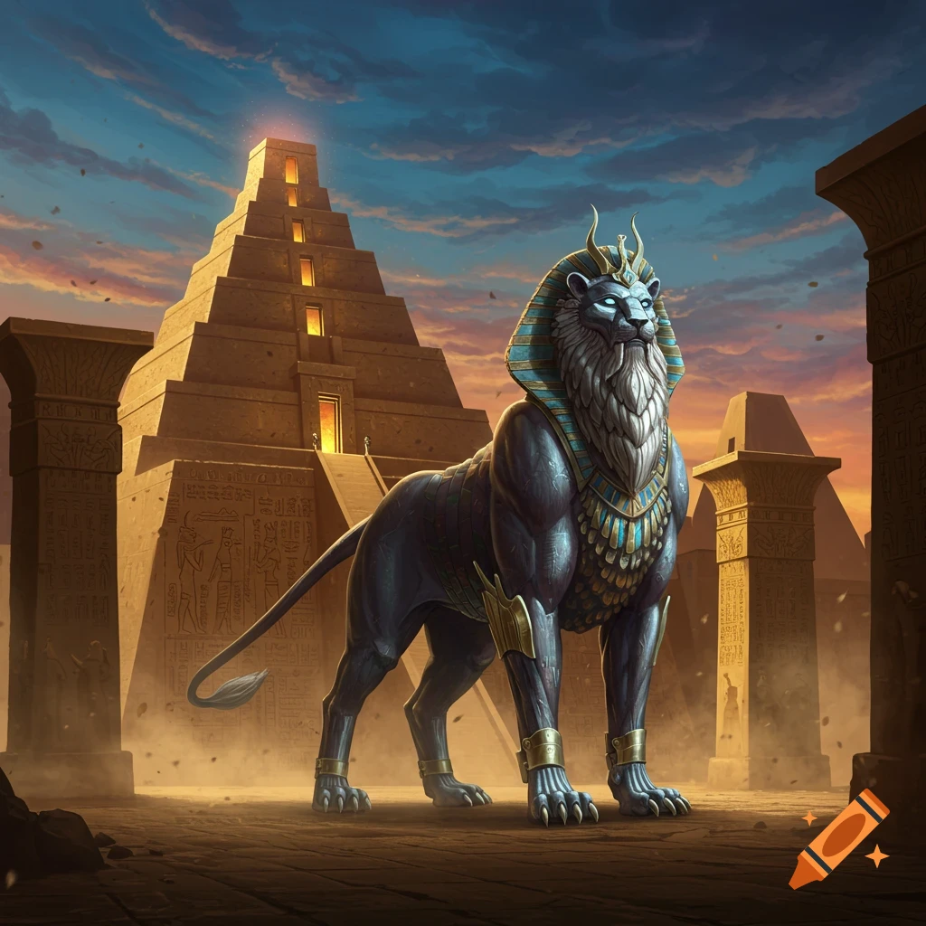 A majestic dark blue sphinx with a white beard and glowing eyes stands before ancient pyramids and pillars in a desert sunset.
