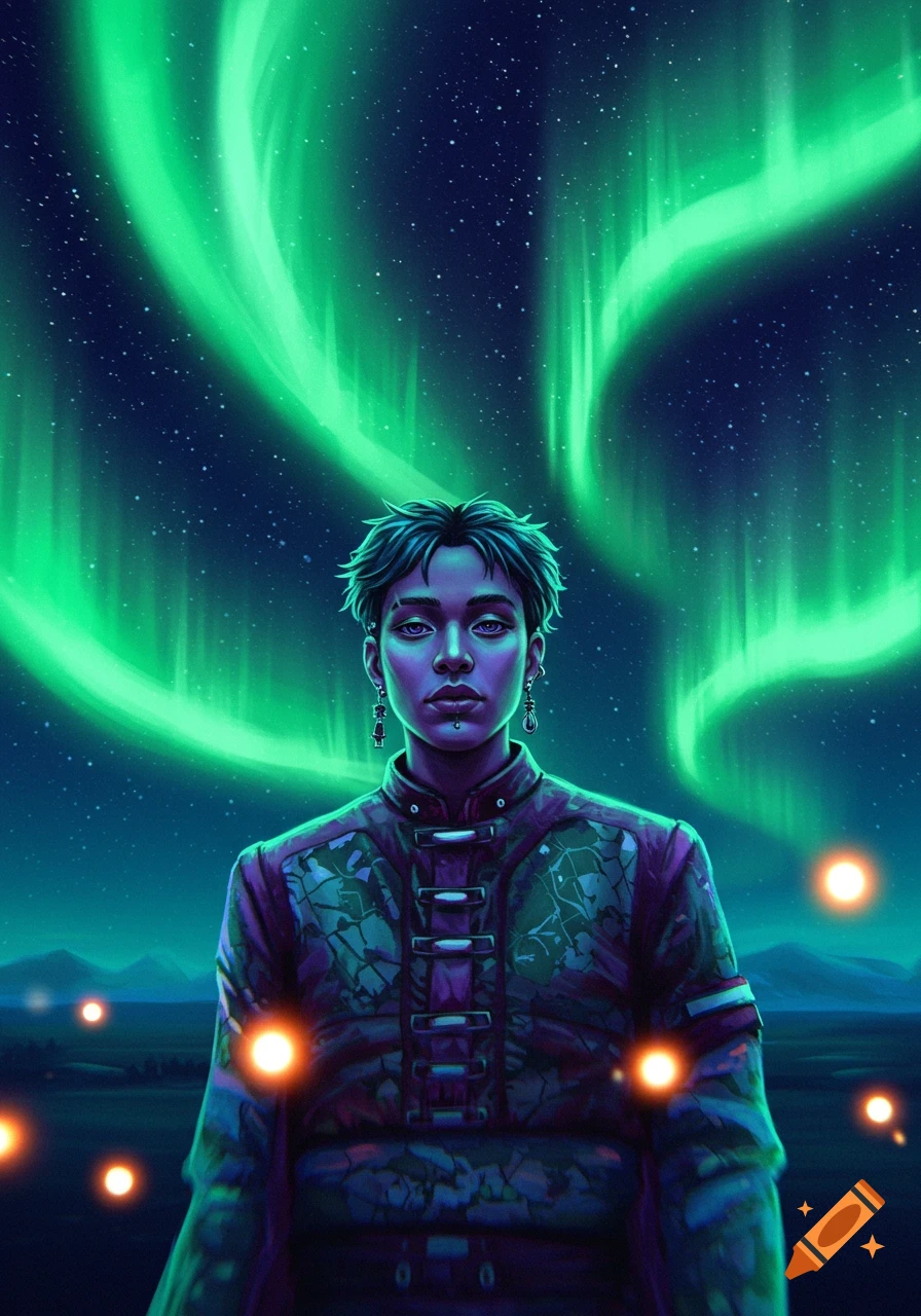 A person with short hair and piercings wearing an ornate jacket stands under a vibrant green aurora borealis and starry night sky.