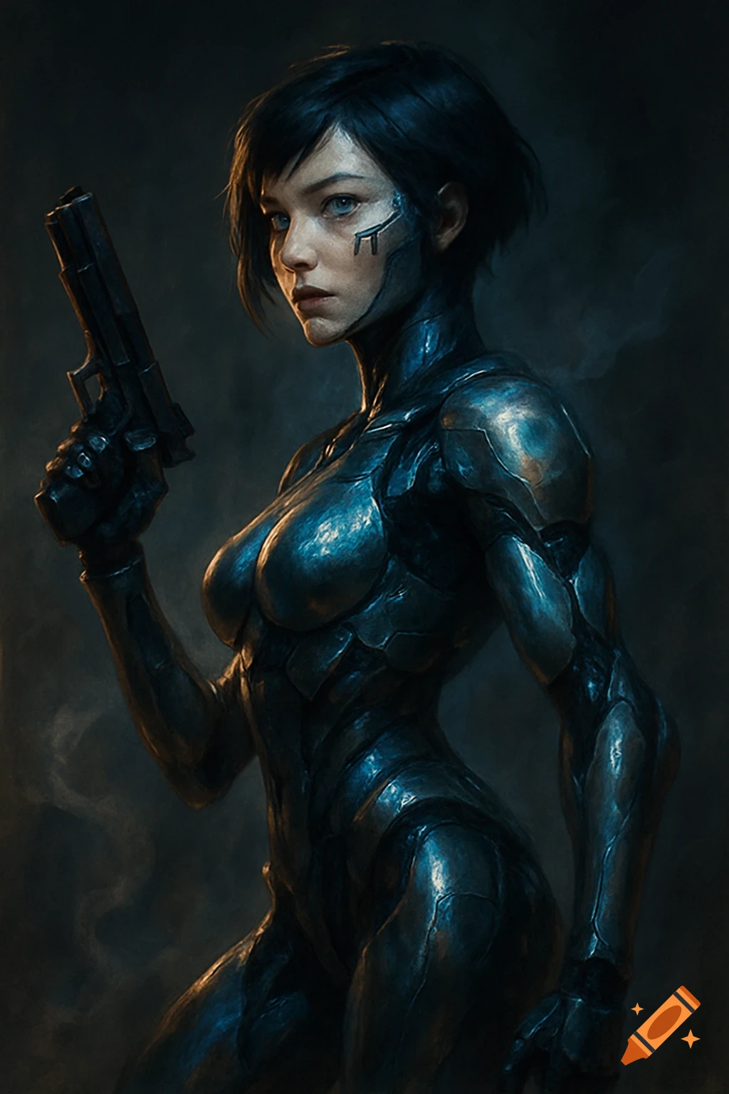 A short-haired woman in a dark, armored sci-fi suit holding a pistol, with cybernetic markings on her face.