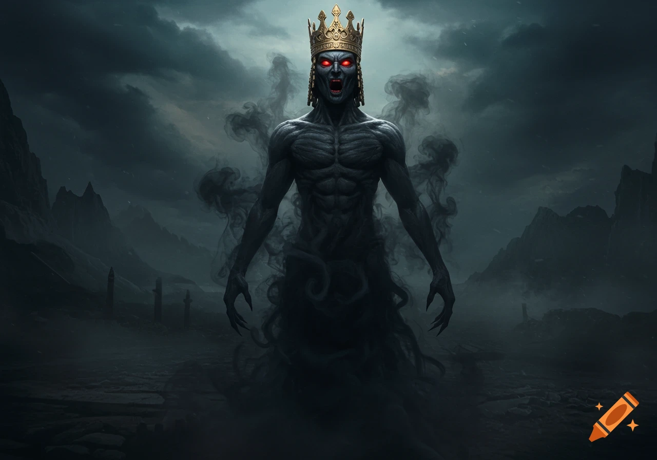 A terrifying dark deity with glowing red eyes and a gold crown emerges from swirling shadows in a bleak, mountainous landscape.
