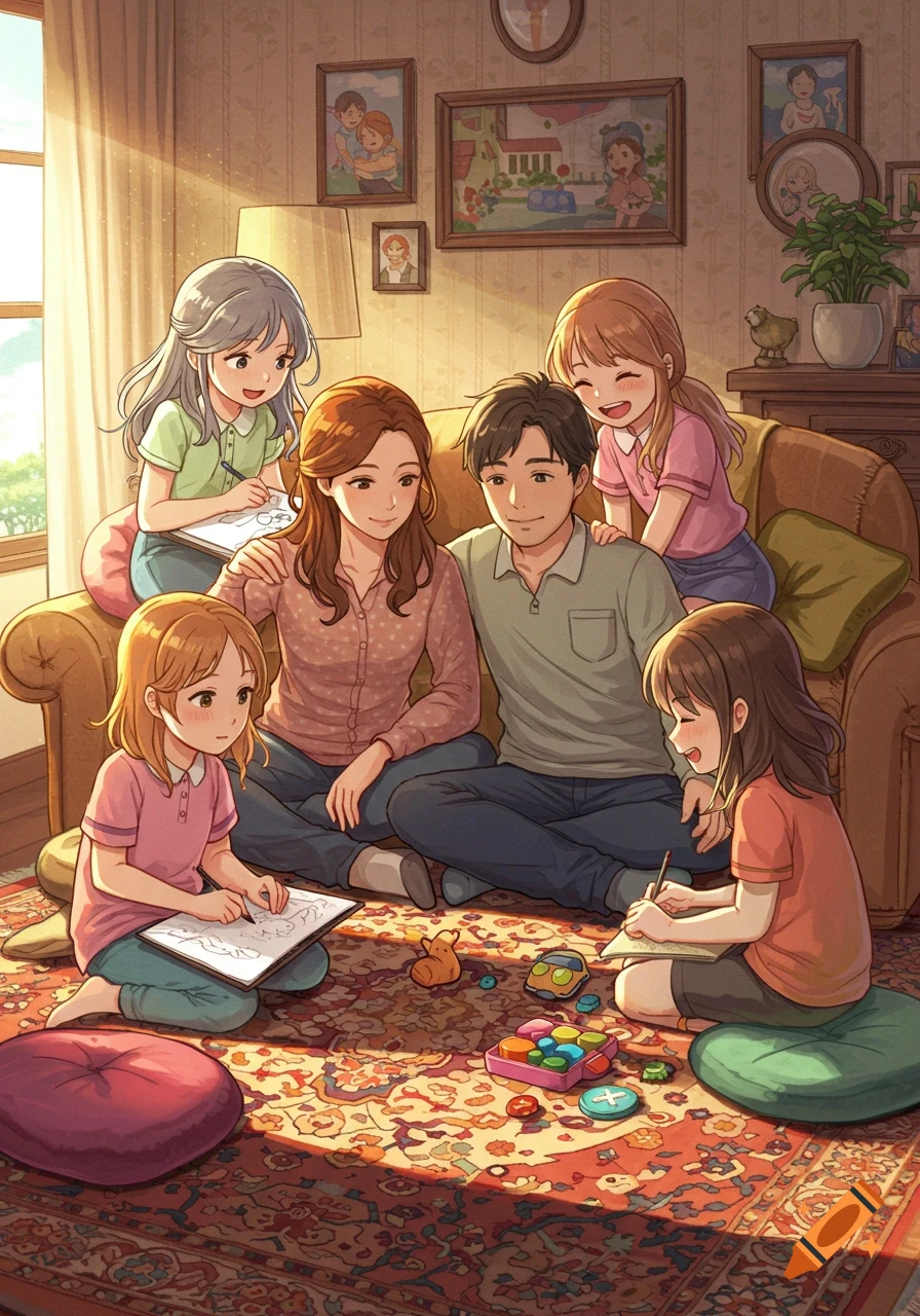 An anime illustration of parents and their four daughters drawing and playing together on a living room floor.