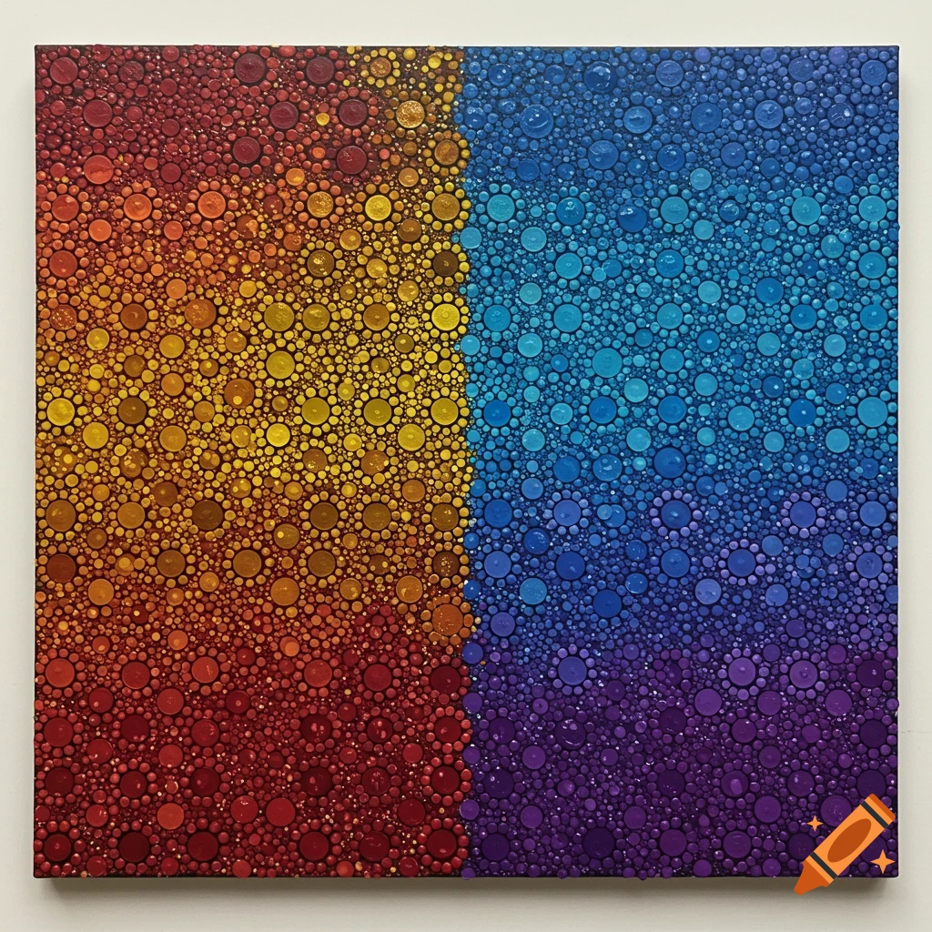 A square abstract dot art painting with a vertical color gradient from red and yellow to blue and purple.