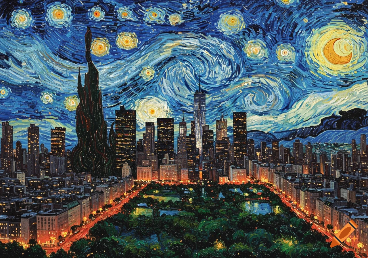 A vibrant Van Gogh-style painting of a New York City cityscape at night, with a swirling starry sky and illuminated buildings.