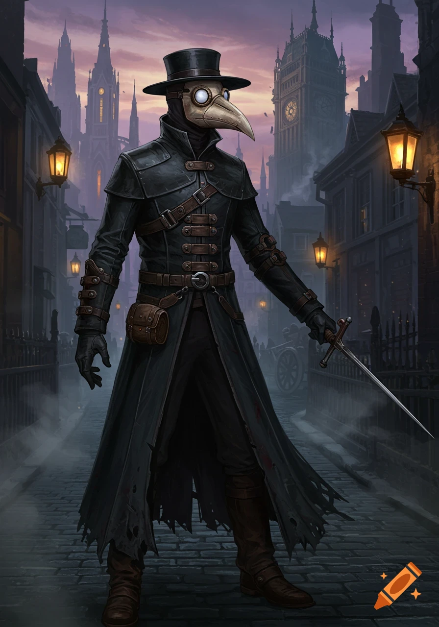 A plague doctor in a black coat, top hat, and bird mask stands on a misty cobblestone street with a sword, gothic buildings in background.