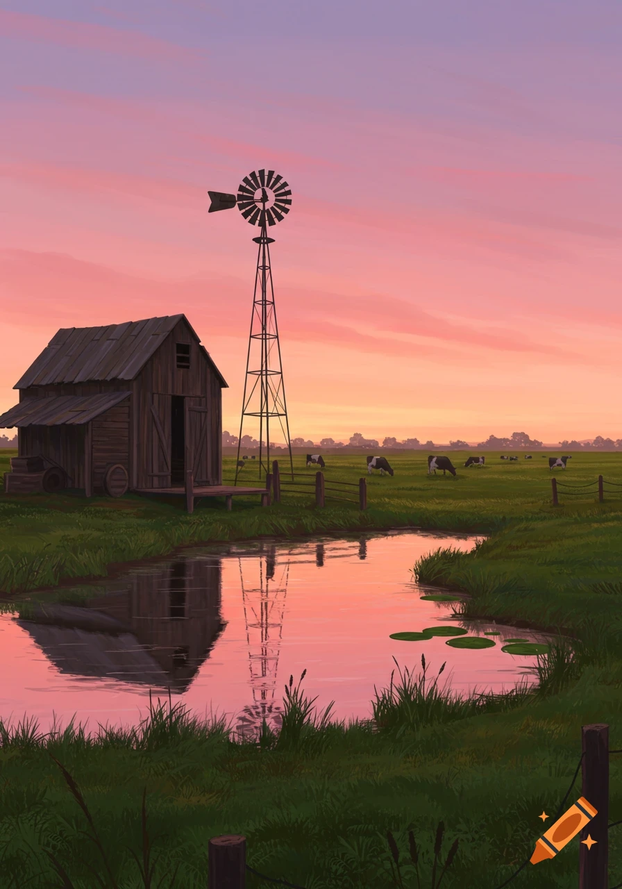 A rustic farm scene with a wooden shed, a tall windmill, a pond, and cattle grazing under a vibrant pink and orange sunset.
