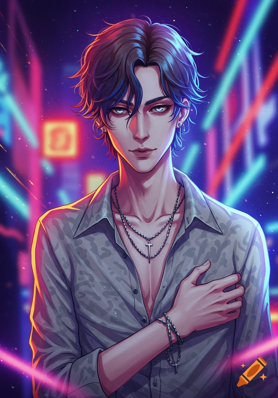 Anime man with dark wavy hair and blue tips, wearing an open grey shirt with a silver cross necklace, against a vibrant neon background.